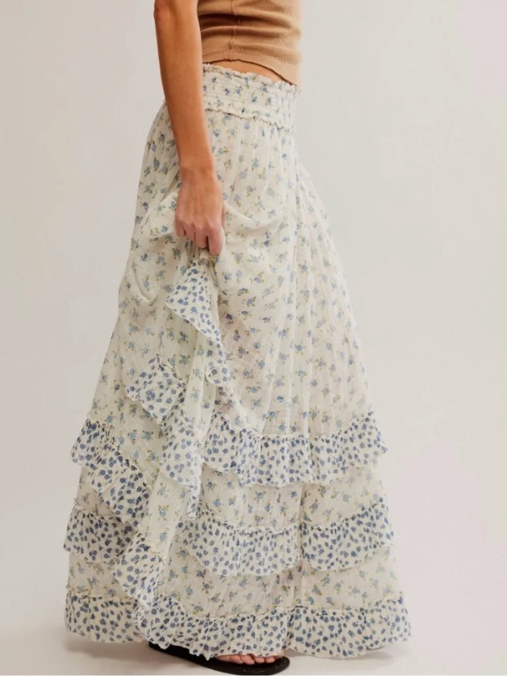 Free People Brynn Printed Ruffle Maxi Skirt | Ditsy Ivory Combo